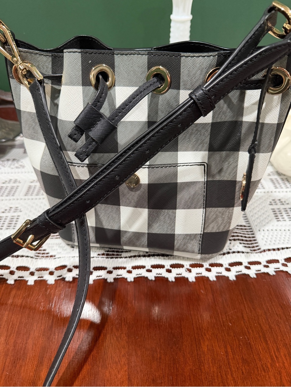 Michael Kors Black & White Gingham Drawstring Bucket Bag - Picture 7 of 16
